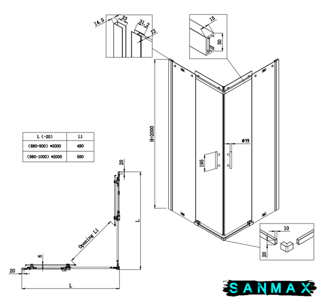 Душова кабіна без піддону Koer SR SC03-90x90x200-TR-07 прозоре скло Easy Clean 6мм, графіт (KR5359) KR5359 фото