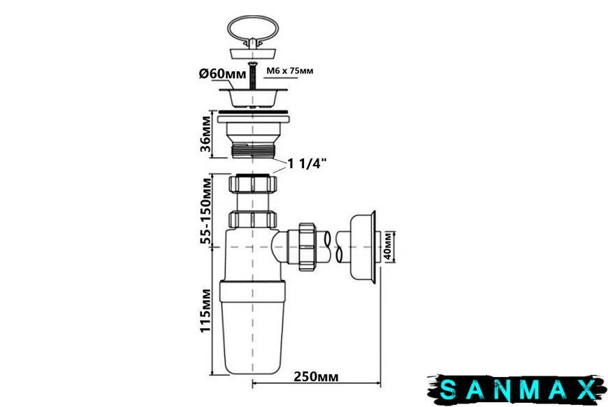 Сифон для умивальника (11/4х40) HC1L-40J HC1L-40J фото