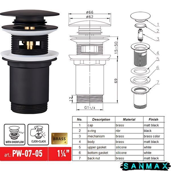 Донний клапан для умивальника з переливом Koer PW-07-05 Чорний (KR5785) KR5785 фото