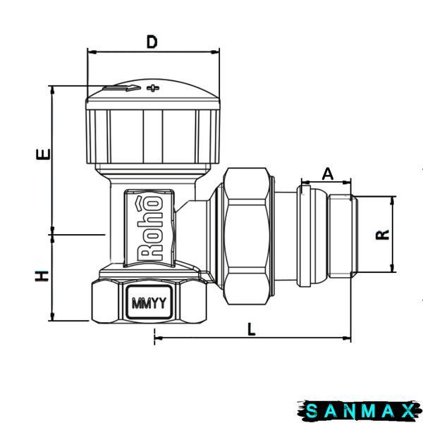 Кран термостатичний 1/2 M30x1,5 кутовий з антипротіканням Roho R5151-050 (24/96) (RO0123) RO0123 фото