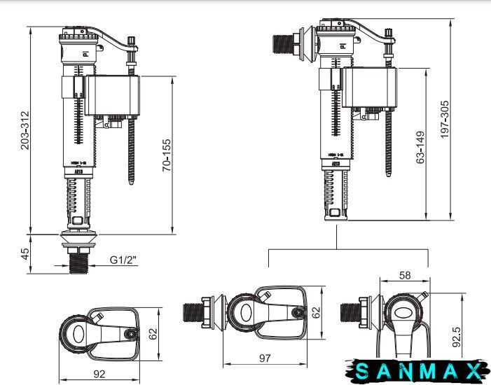 Комплект арматури Koer KT-0301-1/2" (спускна 2-х + наповнювальна з універс. підключенням) (KR5058) KR5058 фото