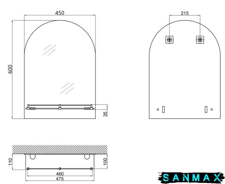 Дзеркало Zerix Laguna MRZ03-450x600x110 прямокутне з дугоподібним верxом та полицею (ZX5621) ZX5621 фото