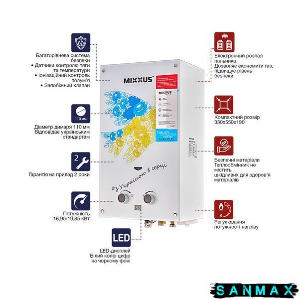 Газова колонка димохідна Mixxus 10 л Gwh-0610 Малюнок Голуб миру (WH0027) WH0027 фото