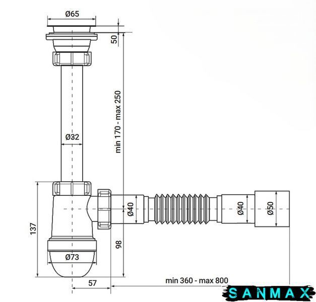 Сифон для умивальника Zerix Su-03-А 1 1/4"x40 з різьбовим випуском (ZX5083) ZX5083 фото