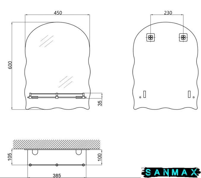 Дзеркало Zerix Mirra MRZ02-450x600x105 прямокутне з дугоподібним верxом та фігурними боками і полицею (ZX5619) ZX5619 фото