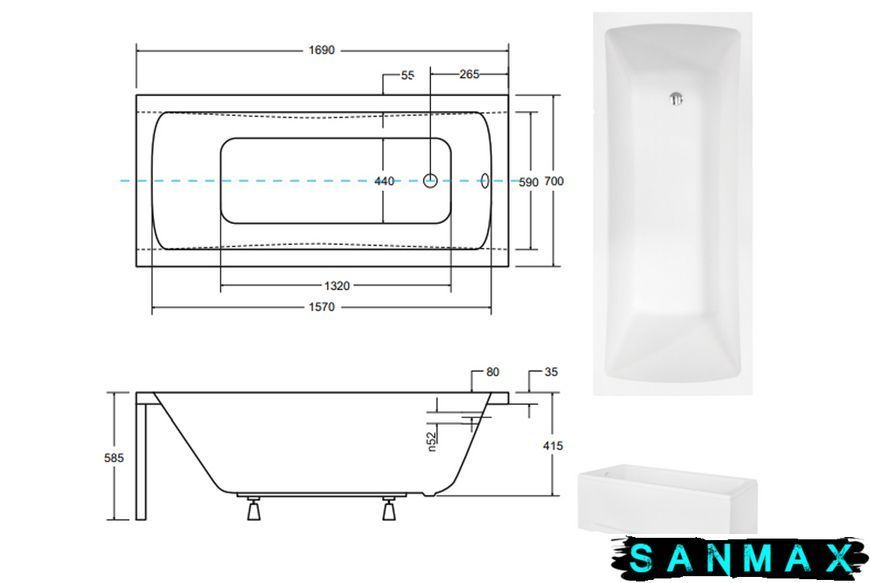 Ванна акрилова Besco Optima 170х70 (соло) без ніг #WAO-170-PK фото
