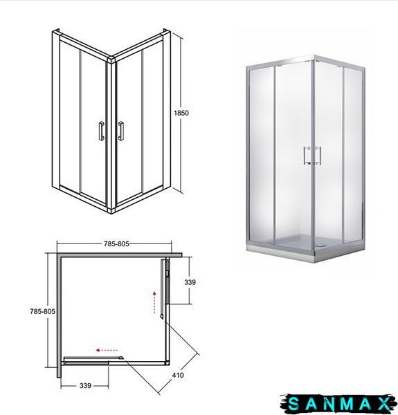 Кабіна квадратна Besco Modern 80x80x185 скло прозоре, профіль хромований MK-80-185-C фото