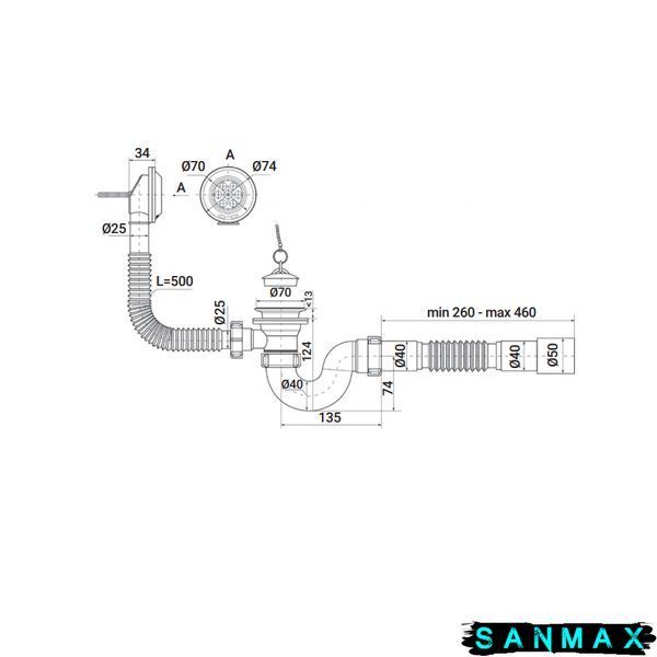 Сифон для ванної кімнати Zerix SV-01-A 1 1/2" прямоточний з випуском і переливом (ZX4957) ZX4957 фото
