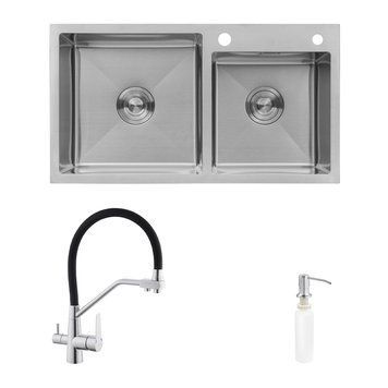 Комплект кухонна мийка Kroner Geb&uuml;rstet-7843ZHM + змішувач Edelstahl Klassisch-ESG03817BLK + дозатор Spender-016 CVS30144 фото