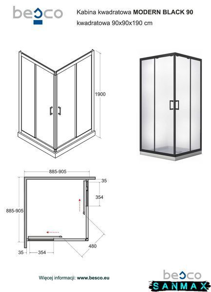 Кабіна квадратна Besco Modern 90x90x190 скло прозоре, проф. чорний мат MKB-90-190-C фото