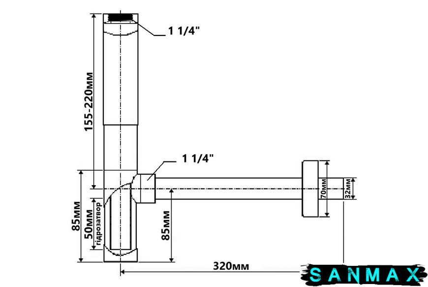 Сифон для умивальника без зливу 1.1/4&Prime;x32мм, латунь, хромований, без зливу, з ревізією, 203 203 фото