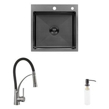Комплект кухонна мийка Kroner Schwarze-5050HM PVD + змішувач Ersel-GRP03393BLK + дозатор Spender-026 CVS30145 фото