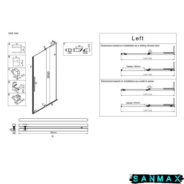 Двері у нішу Walk-In розсувні Koer SR SD07-120x200-L-TR-12 прозоре скло Easy Clean 8мм Матове золото (KR5687) KR5687 фото