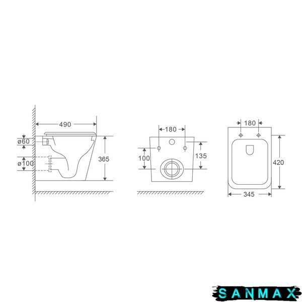 Унітаз підвісний Mixxus Premium Quadro-0301-T3 490x340x360mm, система змиву Tornado 3.0 (MP6453) MP6453 фото