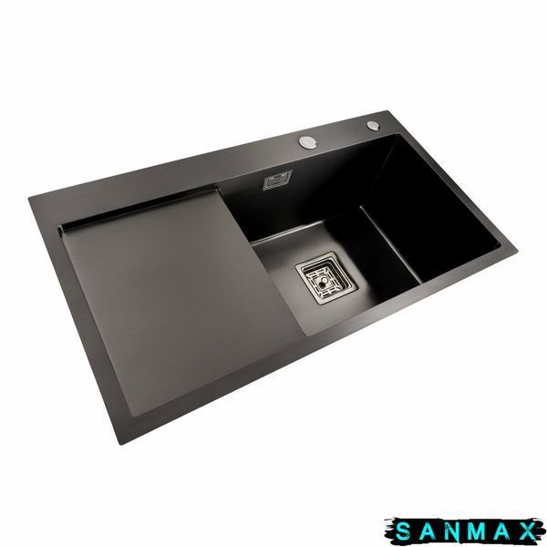 Кухонна інтегрована мийка Platinum Handmade 7843B L PVD Квадратний сифон, два отвори. 00003740 фото