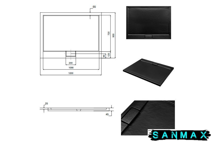 Піддон прямокутний Besco Axim UltraSlim 120х90 Stone effect чорний + сифон BAX-129-PCN фото