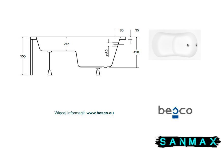 Ванна акрилова Besco Aria Besco Rehab 120х70 без обудови і ніг/БЕЗ отворів під ручки (#WAR-120-PA) #WAR-120-PA фото