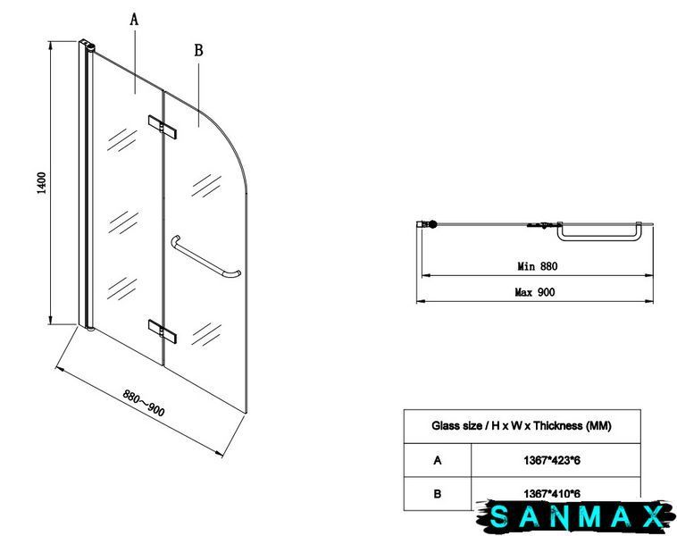 Шторки скляні на ванну Koer SR BS05-90x140-TR-01 прозоре скло Easy Clean 6мм, хром (KR5372) KR5372 фото