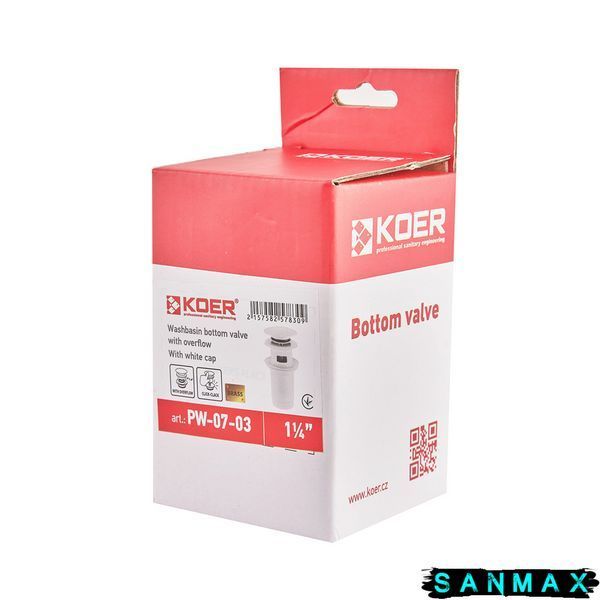 Донний клапан для умивальника з переливом Koer PW-07-03 Білий (KR5783) KR5783 фото