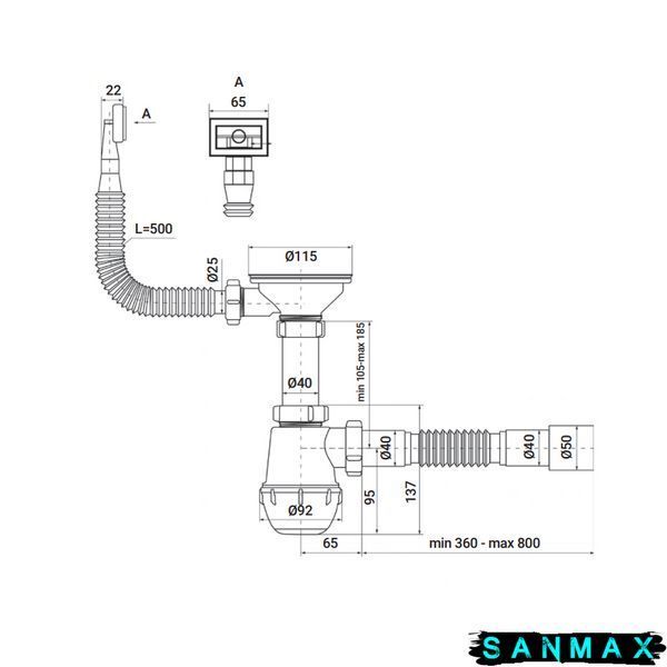 Сифон для кухні Zerix SK-02-A 3 1/2"x40 з різьб. випуском та гнучким прямокутним переливом (ZX4952) ZX4952 фото