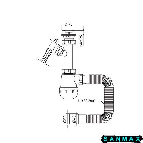 Сифон для кухні Mixxus SK-01-B 1 1/2"x40 з литим випуском та відводом для пральної машини (MI8191) MI8191 фото