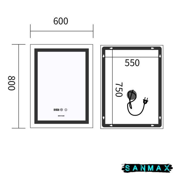 Дзеркало Mixxus Premium Flash MR21-60x80 (Led Touch, Anti-fog, димер, годинник) (MP6617) MP6617 фото