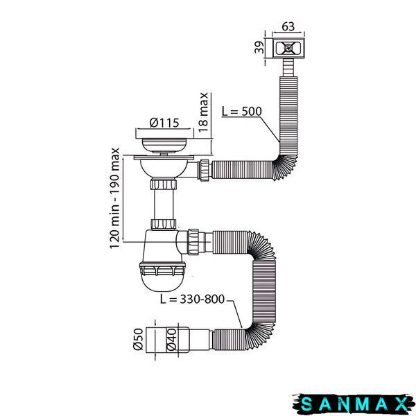 Сифон для кухні Mixxus SK-02-A 3 1/2"x40 з нержавіючою сіткою, гнучким прямокутним переливом (MI8194) MI8194 фото