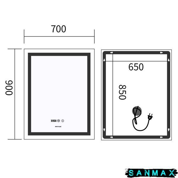 Дзеркало Mixxus Premium Flash MR21-70x90 (Led Touch, Anti-fog, димер, годинник) (MP6618) MP6618 фото