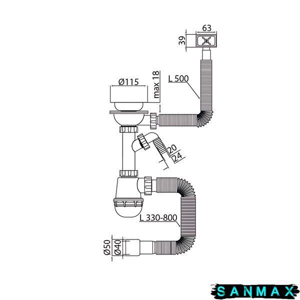 Сифон для кухні Mixxus SK-05-BL 3 1/2"x40 з пластиковою сіткою, відведенням для пральної машини, гнучким прямок. переливом (MI8192) MI8192 фото