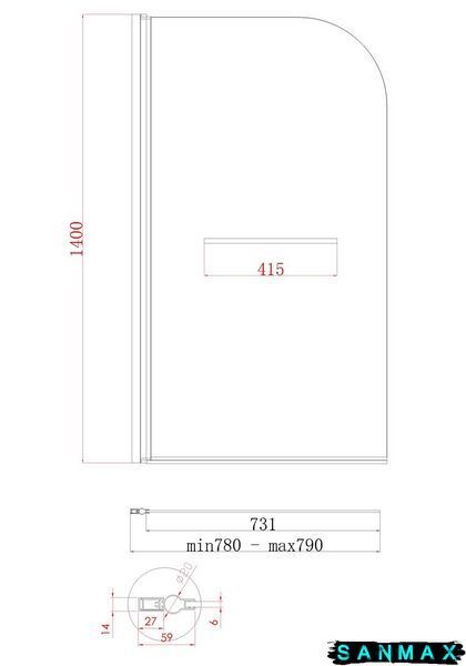 Шторки скляні на ванну Koer SR BS02-80x140-TR-01 прозоре скло 6мм, хром (KR5401) KR5401 фото