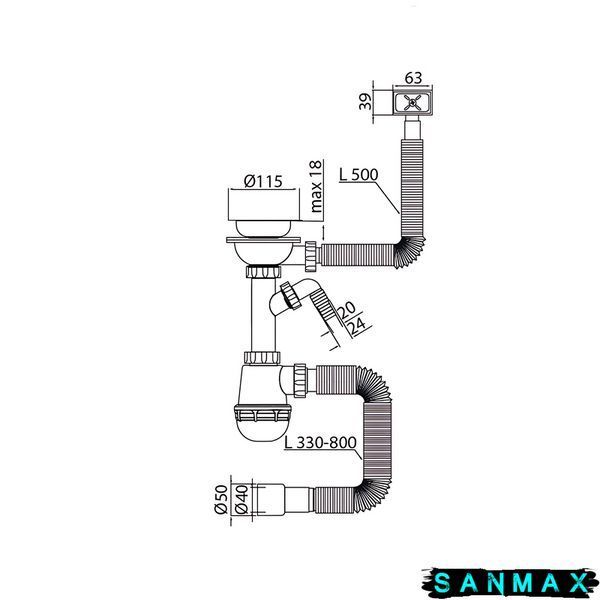 Сифон для кухні Mixxus SK-05-WH 3 1/2"x40 з пластиковою сіткою, відведенням для пральної машини, гнучким прямок. переливом (MI8193) MI8193 фото