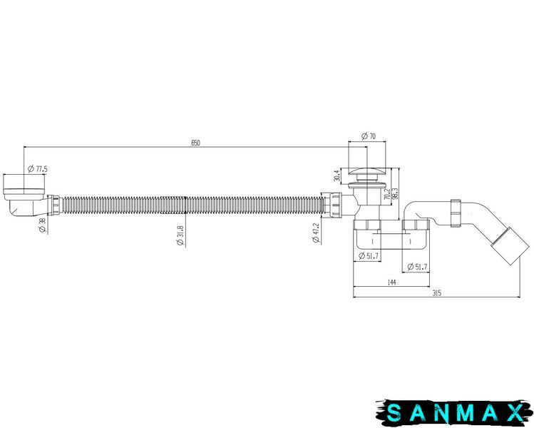 Сифон для ванни Koer BD-03-01 1 1/2'' автомат СLICK-СLACK з переливом, без ревізії (KR5441) KR5441 фото