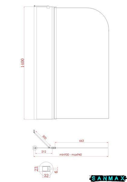 Шторки скляні на ванну Koer SR BS03-95x140-TR-01 прозоре скло 6мм, хром (KR5402) KR5402 фото