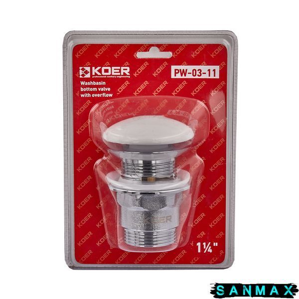Донний клапан для умивальника з переливом Koer PW-03-11 Хром Біла керамічна накладка (KR3397) KR3397 фото