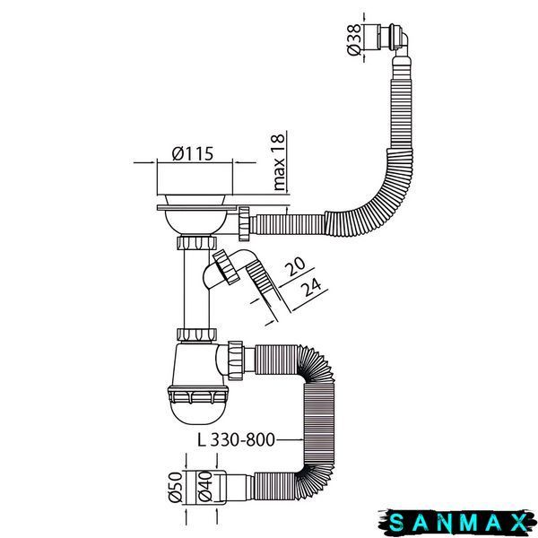Сифон для кухні Mixxus SK-06-BL 3 1/2"x40 з пластиковою сіткою, відведенням для пральної машини, гнучким круг. переливом (MI8196) MI8196 фото