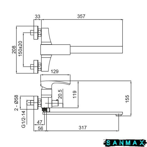 Змішувач для ванни з довгим виливом, хром Koer KB-42007-01 (KR3456) KR3456 фото