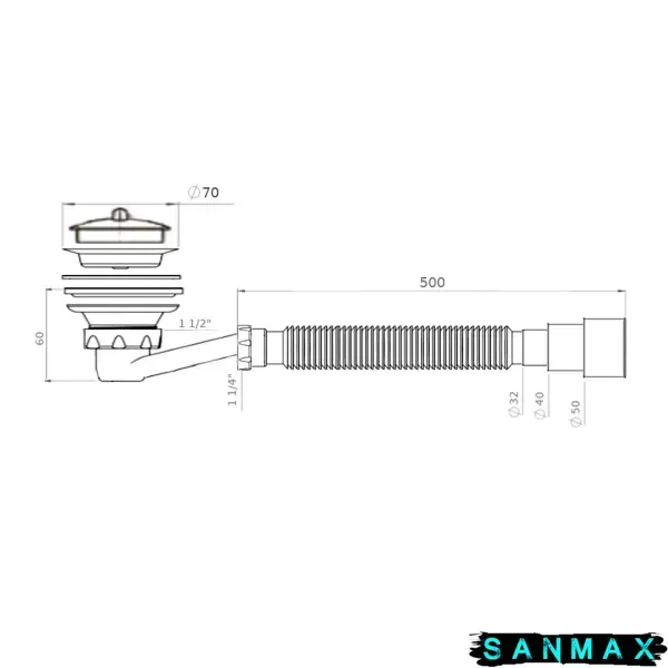 Сифон для душового піддону Waterstal 1.1/2 "Низький" з гофротрубою 32х32/40/50 (SE3860) SE3860 фото