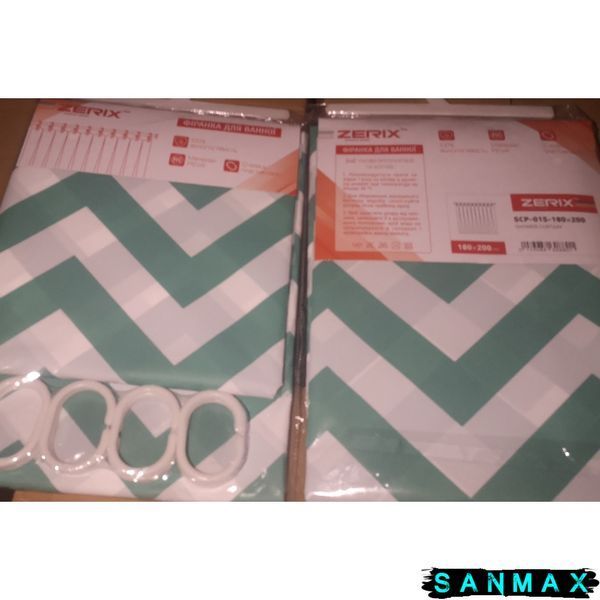 Шторка для ванної Zerix SCP-015-180x200 з PEVA (поліетиленвінілацетату) (Візерунок "Зигзаг" біло-зелений) (ZX6088) ZX6088 фото