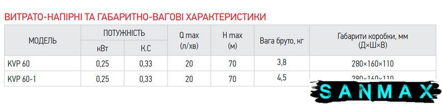 Насос вібраційний одноклапанний верхній забір Koer KVP 60 (обмотка-мідь) (KP2896) KP2896 фото