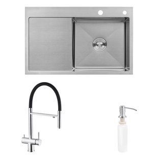 Комплект кухонна мийка Kroner Geb&uuml;rstet-7849RHM + змішувач Edelstahl Klassisch-ESG03815BLK+ дозатор Spender-016 CVS30106 фото