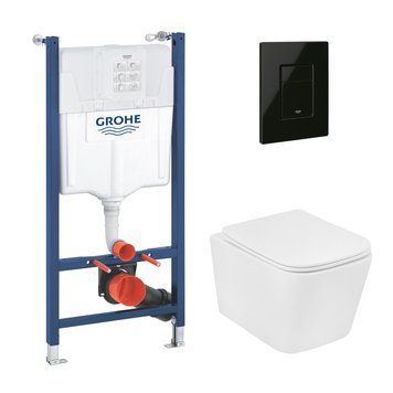 Комплект 4 в 1: Інсталяція Grohe Solido 2 в 1 38971000 + Панель змиву для унітаза Grohe Even Чорний 38966KV0 + Унітаз підвісний безобідковий Kroner Eifel WHI483429 TORNADO з сидінням Slim Duroplast / Soft-close / Quick relase KE483429WHIT(38971966KV0KE48T 38971966KV0KE48T фото