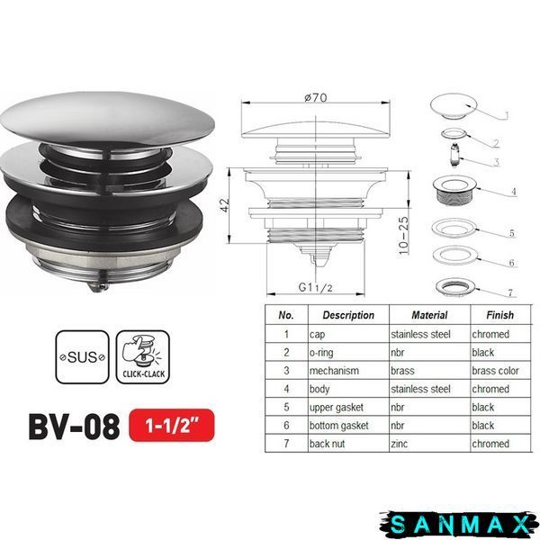Донний клапан для ванни Zerix BV-08 1 1/2 Хром (ZX6025) ZX6025 фото