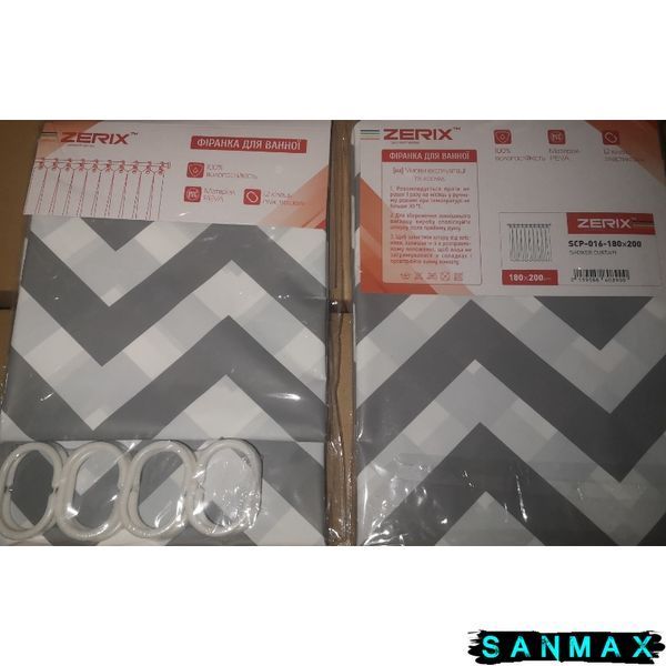 Шторка для ванної Zerix SCP-016-180x200 з PEVA (поліетиленвінілацетату) (Візерунок "Зигзаг" біло-чорний) (ZX6089) ZX6089 фото