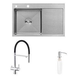 Комплект кухонна мийка Kroner Geb&uuml;rstet-7849LHM + змішувач Edelstahl Klassisch-ESG03815BLK + дозатор Spender-016 CVS30107 фото
