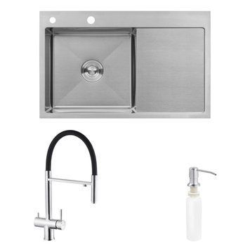 Комплект кухонна мийка Kroner Geb&uuml;rstet-7849LHM + змішувач Edelstahl Klassisch-ESG03815BLK + дозатор Spender-016 CVS30107 фото