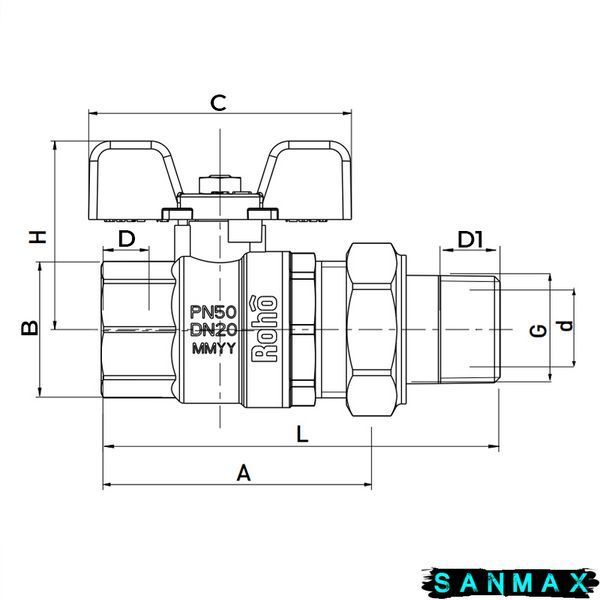 Кран з американкою Roho 3/4" ВЗ прямий, метелик чорний R105-075B (RO0111) (15/60) RO0111 фото