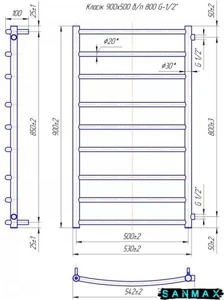 Водяна сушарка для рушників Маріо&nbsp;Класік 900х550/800&nbsp;Б/П&nbsp;1/2" 1.1.2210.02.P фото