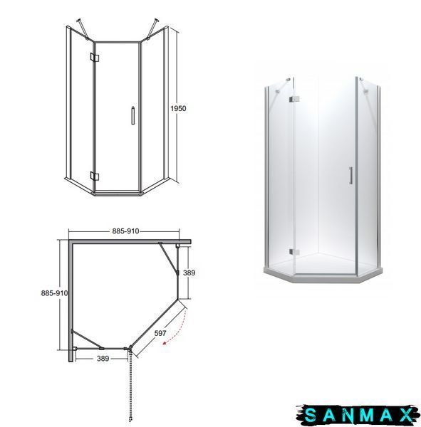 Кабіна п&rsquo;ятикутна Besco Viva 90x90x195 права, скло прозоре, профіль хромований V5P-90-195-C фото